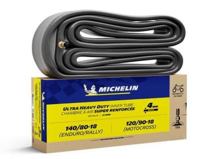 Michelin UHD inner tube for motorcycle, large size 140/80-18, showing the rubber tube with valve and packaging details.