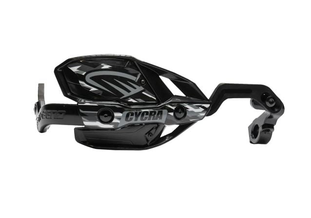 Black Cycra Probend handguard mounted on a motorcycle handlebar, designed for Yamaha off-road or motocross bikes.