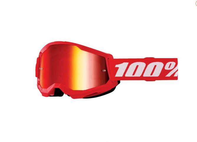 Red lens for 100% STRATA 2 MX goggles, close-up view showing the vibrant color and sleek design of the goggles' lens.