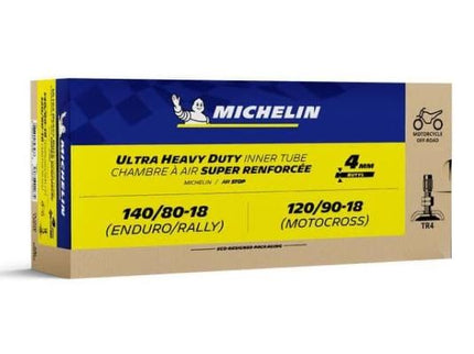 Michelin UHD large inner tube for 140/80-18 motorcycle tires, shown in the image with the rubber valve and packaging details.