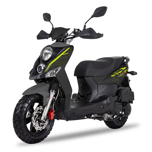 Silver SYM CROX 125 scooter with sleek design and handlebars, parked on a city street.