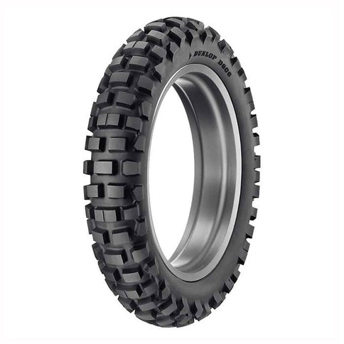 Dunlop Rear D606 motorcycle tire with 130/90-18 size, rugged tread pattern for off-road and trail riding.