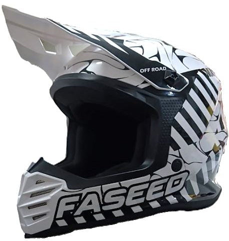 White and black FASEED Faseed Youth FS-618 Alert MX helmet with vented design and secure strap feature.
