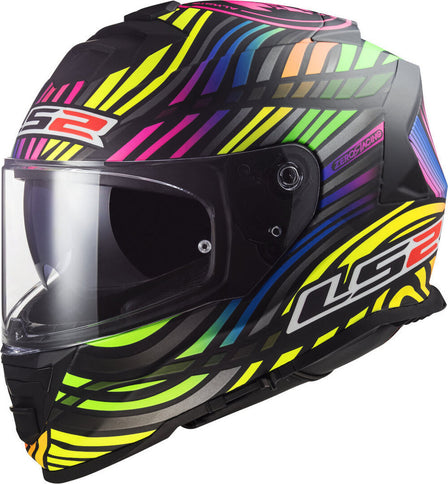 LS2 Storm Rainbow road helmet in matte black with rainbow accents, featuring aerodynamic design and ventilation for motorcycle riding.