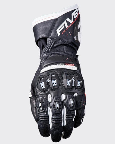 Black and white FIVE RFX3 Evo road gloves with reinforced palms and breathable fabric, designed for motorcycle riding comfort.