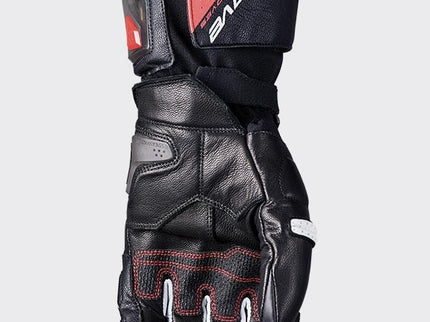 FIVE GLOVES RFX3 Evo black and white road racing gloves with padded palms and breathable fabric for motorcycle riding.