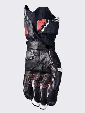 FIVE GLOVES RFX3 Evo black and white road racing gloves with padded palms and breathable fabric for motorcycle riding.