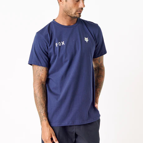 Deep cobalt FOX Wordmark Ss Tee featuring a classic logo design on a comfortable short-sleeve shirt.