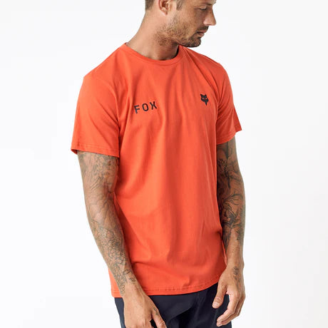 Red FOX Wordmark Ss Tee featuring a bold logo, casual fit, and flame red fabric, perfect for everyday wear.