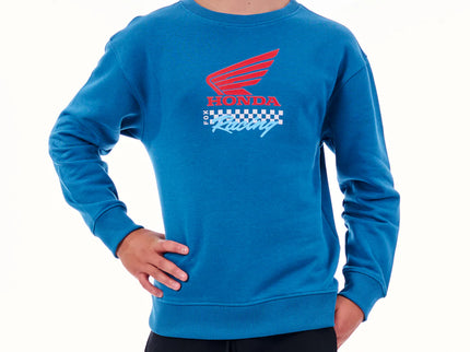 FOX Honda Youth Crew Fleece in Banaff Blue, soft and comfortable crewneck sweatshirt for teens with Honda and FOX branding.