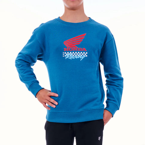 FOX Honda Youth Crew Fleece in Banaff Blue, soft and comfortable crewneck sweatshirt for teens with Honda and FOX branding.