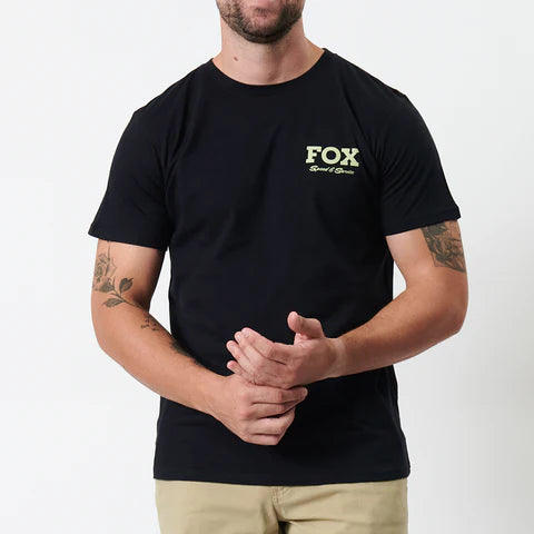 Black FOX Speed and Service Tee featuring the FOX logo on the front, displayed on a mannequin.