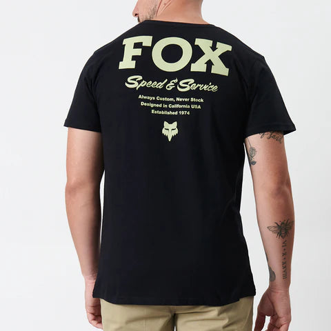 Black FOX Speed and Service Tee featuring the FOX logo and graphic design, casual crewneck shirt for active wear.