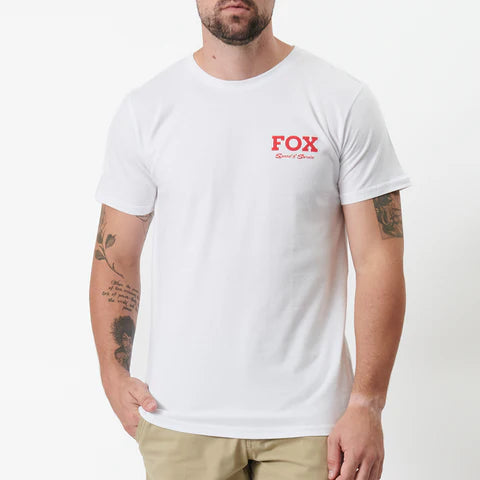 White FOX Speed and Service Tee featuring a FOX logo on the front, made of comfortable cotton fabric.