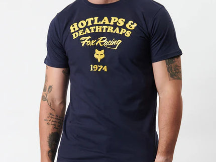 Navy FOX Hotlaps Tee shirt with graphic print, casual men's t-shirt made by FOX, displayed flat on a white background.