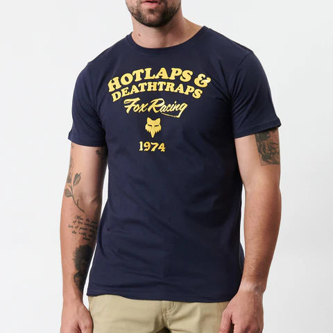 Navy FOX Hotlaps Tee shirt with graphic print, casual men's t-shirt made by FOX, displayed flat on a white background.