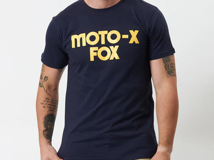 Navy FOX Moto-X T-shirt featuring bold FOX logo graphic on the front, casual fit, designed for motocross enthusiasts.