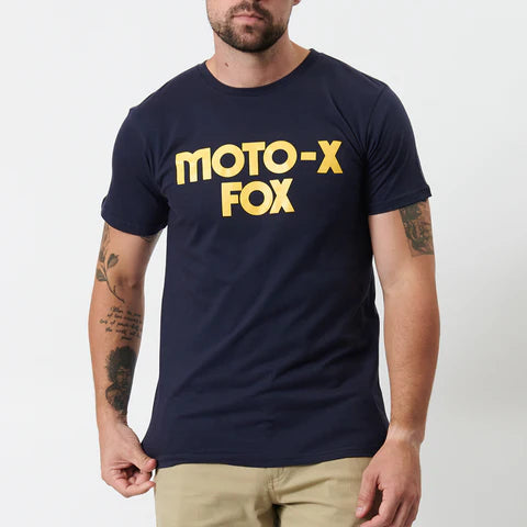 Navy FOX Moto-X T-shirt featuring bold FOX logo graphic on the front, casual fit, designed for motocross enthusiasts.