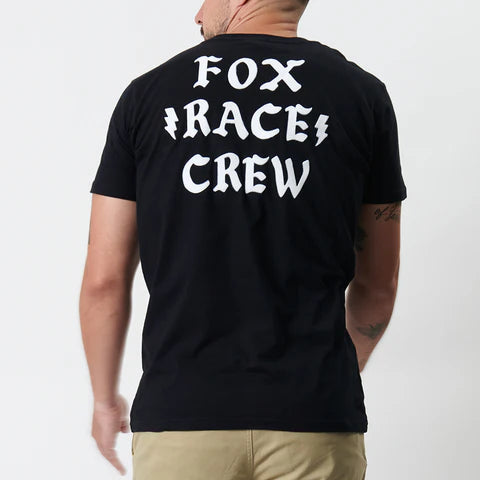Black FOX Race Crew SS Tee displayed flat with short sleeves and FOX logo on the chest for a casual, sporty look.