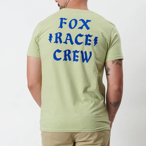Fox Race Crew SS Tee in Cactus Green, showing a short sleeve men's t-shirt with FOX branding and racing graphic design.