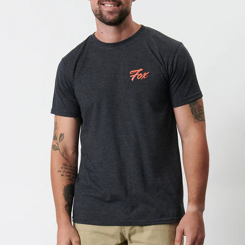 Fox Scripted Tee Heather Black, men's casual tee with FOX logo and script design on soft black heather fabric.
