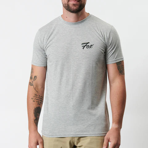 Fox Scripted Tee in Heather Dirt Grey, a casual men's t-shirt with FOX logo and script design on soft cotton fabric.
