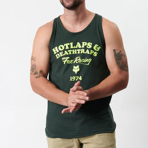 Fox Hot Laps Tank in Hunter Green, a casual men's tee with a relaxed fit and FOX branding, displayed on a plain background.
