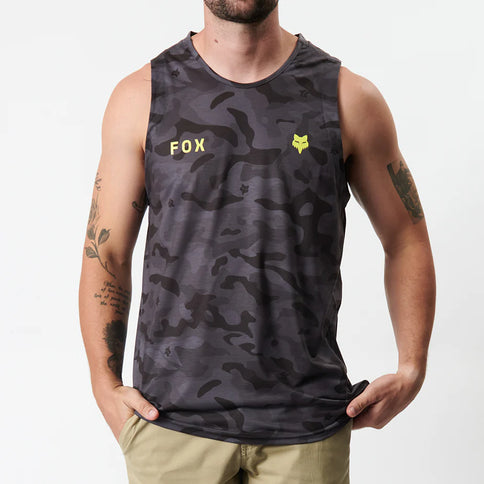 Black FOX Camo Tech Tank tee with fox logo, lightweight fabric, and sleeveless design, ideal for activewear and casual wear.