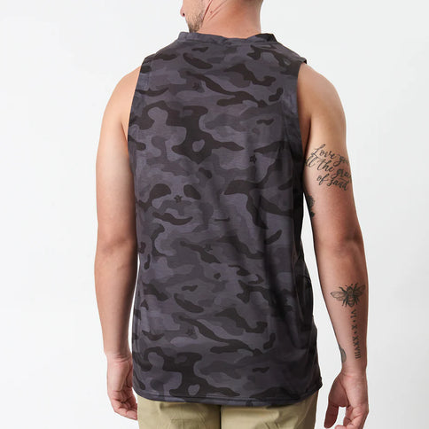 Black Fox Camo Tech Tank top, lightweight men's tee with fox camo pattern and technical fabric for active wear.