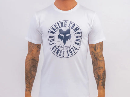 White FOX emblem SS tee featuring a classic FOX logo on the front, casual short-sleeve t-shirt for men.
