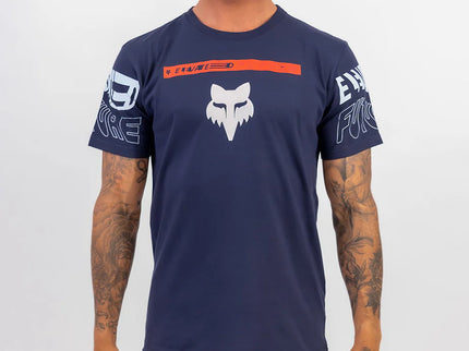 Navy FOX Premium Elevation Tee displayed on a hanger, showcasing the casual men's T-shirt with FOX branding.