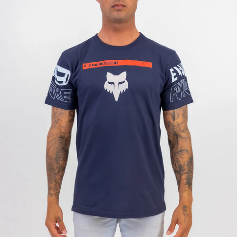 Navy FOX Premium Elevation Tee displayed on a hanger, showcasing the casual men's T-shirt with FOX branding.