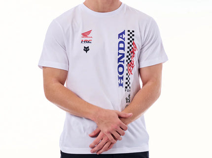 White Honda Checker T-shirt by FOX featuring bold checkerboard design and FOX logo on the front.