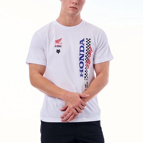White Honda Checker T-shirt by FOX featuring bold checkerboard design and FOX logo on the front.