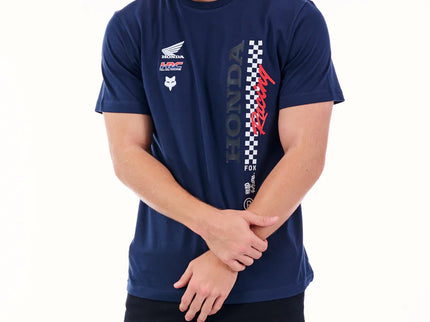Navy Honda Checkerered Tee by FOX featuring a checkered pattern and Honda logo on soft cotton fabric.