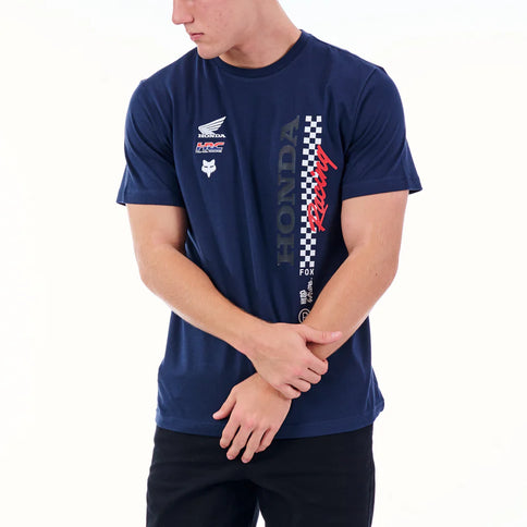Navy Honda Checkerered Tee by FOX featuring a checkered pattern and Honda logo on soft cotton fabric.