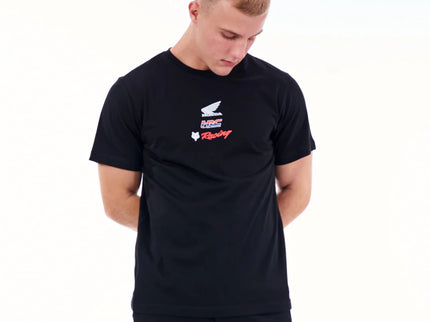 Black FOX Honda Wing T-shirt with logo graphic, casual short-sleeve tee for motorcycle enthusiasts.