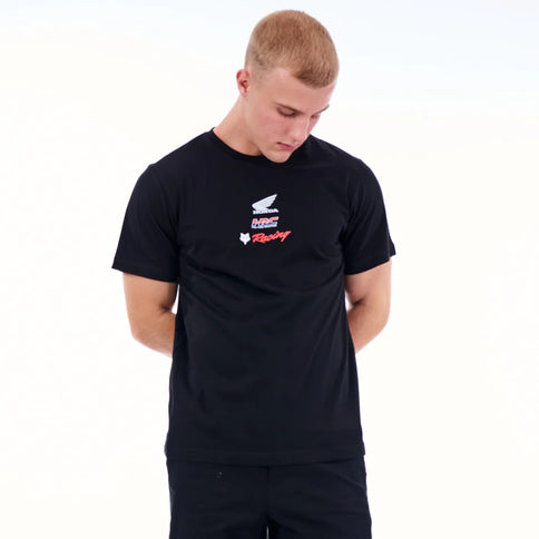 Black FOX Honda Wing T-shirt with logo graphic, casual short-sleeve tee for motorcycle enthusiasts.