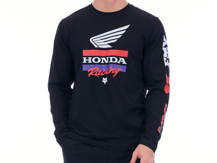 Black FOX Honda Bar long sleeve tee featuring a Honda-themed design on the front, made for casual wear.