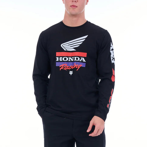 Black FOX Honda Bar long sleeve tee featuring a Honda-themed design on the front, made for casual wear.
