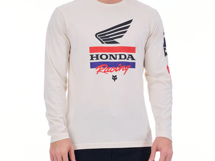 White Dune Honda Bar long sleeve tee by FOX featuring a graphic design on the front, casual and comfortable for everyday wear.