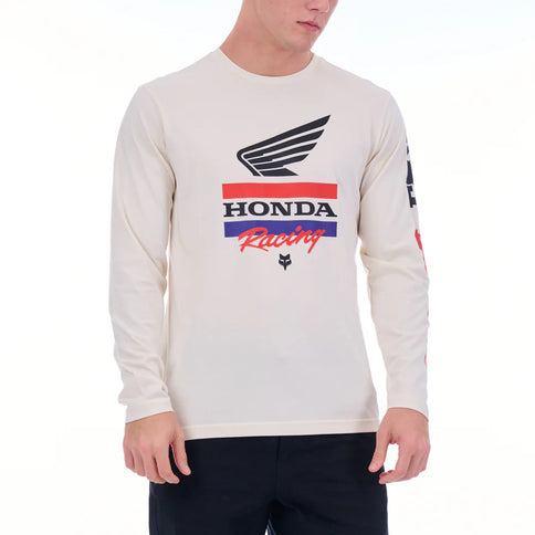White Dune Honda Bar long sleeve tee by FOX featuring a graphic design on the front, casual and comfortable for everyday wear.