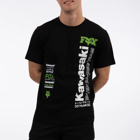 Black Kawasaki vertical Fox tee by FOX showing the front view with the Kawasaki logo and FOX branding on the chest.