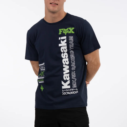 Navy Kawasaki Vertical Fox Tee by FOX featuring a graphic design on the front, casual crewneck style.