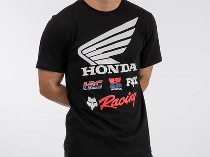 Black FOX Honda Wings Tee featuring a classic Honda wing logo on a comfortable cotton t-shirt.