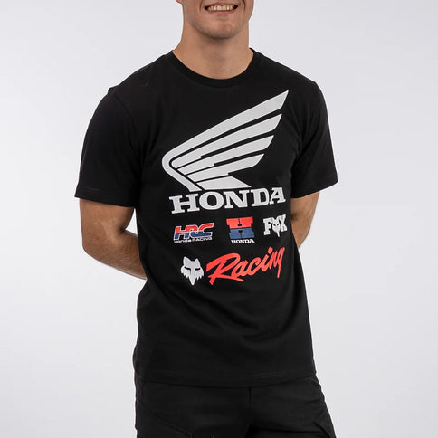 Black FOX Honda Wings Tee featuring a classic Honda wing logo on a comfortable cotton t-shirt.