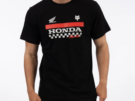 Black Honda Elevated Fox Tee by FOX featuring a graphic design on the front, casual style, and comfortable fit.