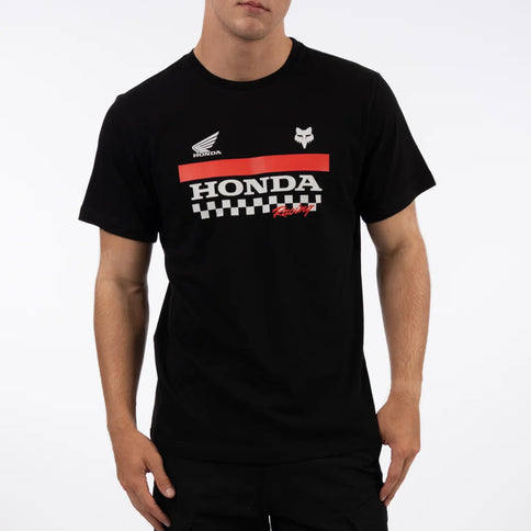 Black Honda Elevated Fox Tee by FOX featuring a graphic design on the front, casual style, and comfortable fit.