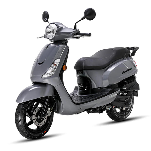 Silver SYM FIDDLE II 150 scooter parked outdoors, showcasing its sleek design and compact build.