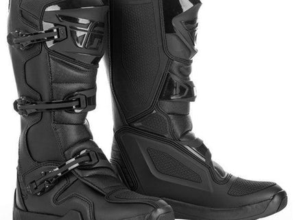 Fly Maverik LT MX boots in full black, featuring durable construction and motocross design for optimal riding performance.